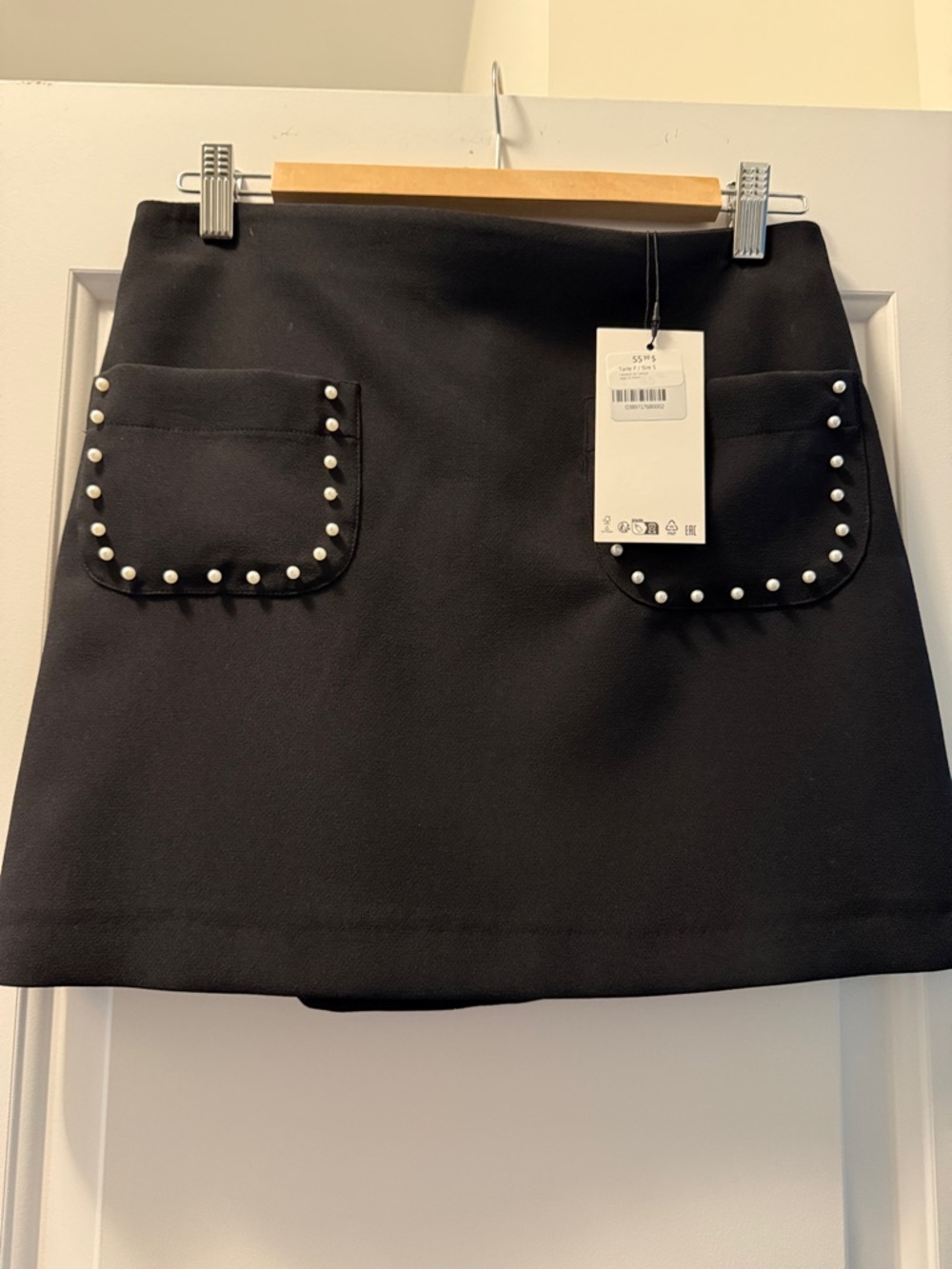 Zara Black Mini Skirt with Pearl-Trim Pockets